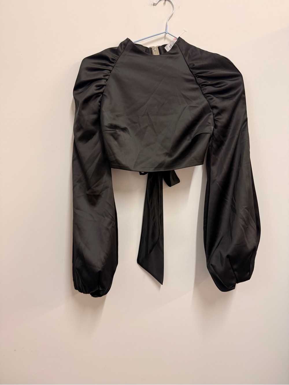 Oh Polly Black Satin Puff-Sleeve Cropped Top with Back Tie